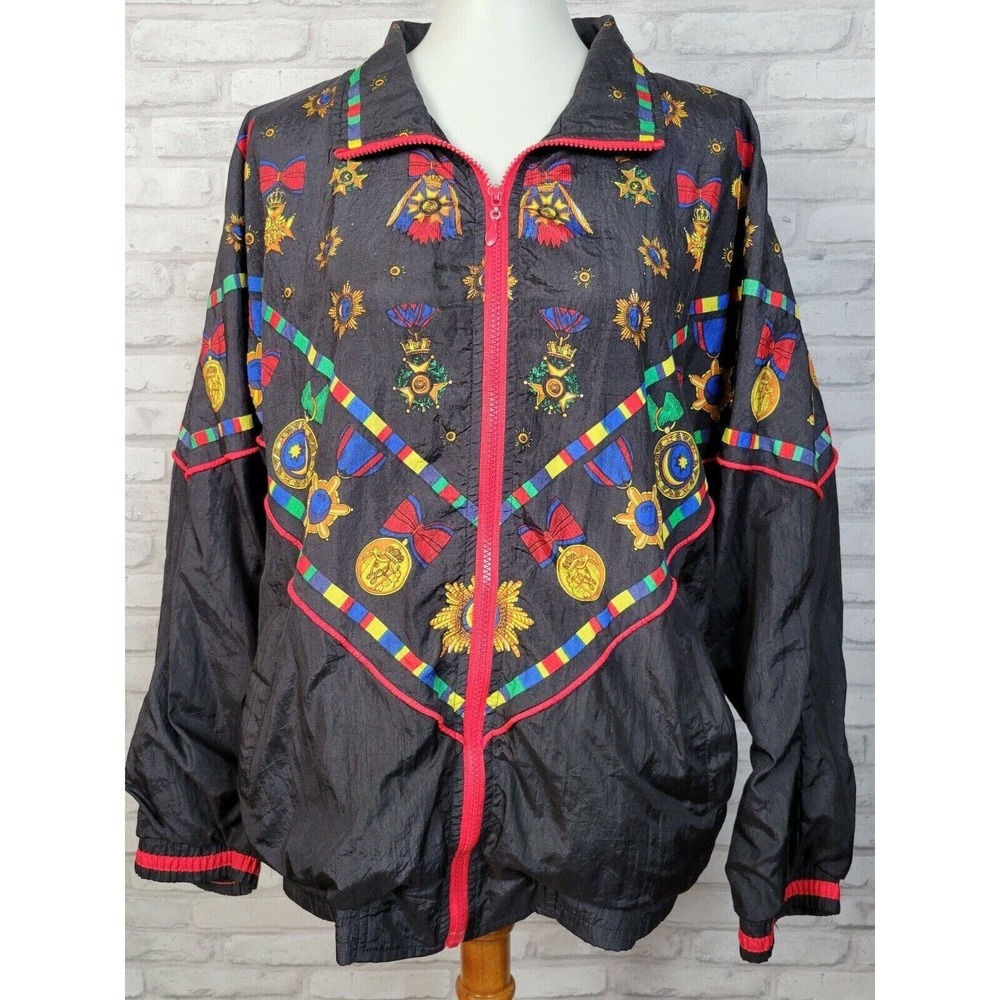 Raphael windbreaker bomber jacket 1990s vintage equestrian design sz L 56"‎ bust